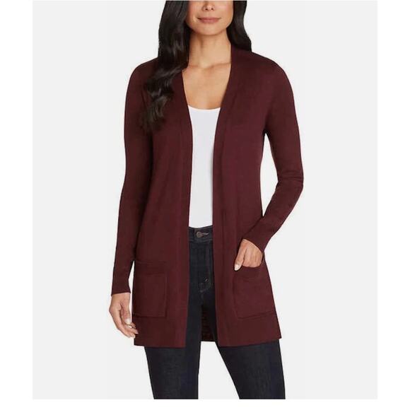 Matty M. Burgundy Open Front Lightweight Knit Front Pockets Long Cardigan Large - Picture 1 of 8